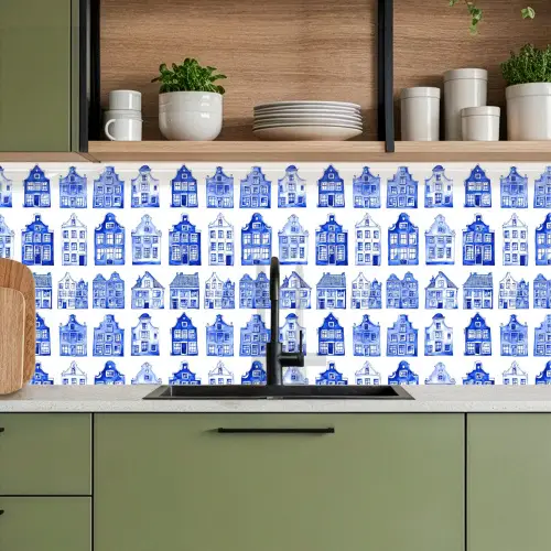 Patroon - Huizen - Blauw keuken achterwand 2 middel 871 -sfeer3
