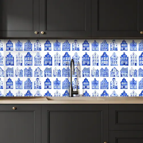 Patroon - Huizen - Blauw keuken achterwand 2 middel 871 -sfeer1