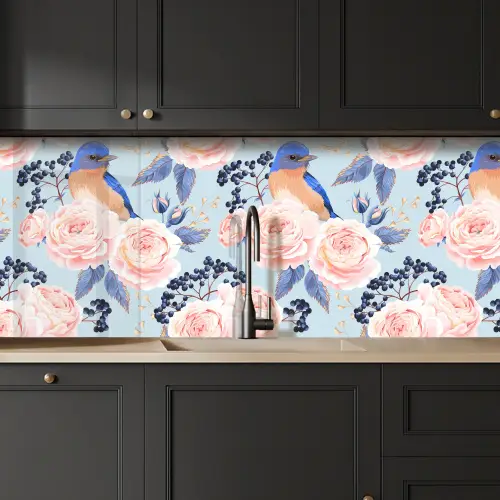 Patronen - Roos - Vogel - Blauw keuken achterwand 2 middel 871 -sfeer1