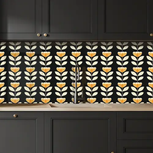 Retro - Bloem - Zwart - Okergeel keuken achterwand 2 middel 871 -sfeer1