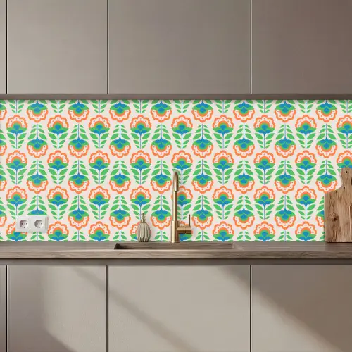 Retro - Bloemen - Design - Groen - Oranje keuken achterwand 2 middel 871 zz_3dshopping