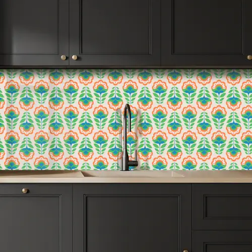 Retro - Bloemen - Design - Groen - Oranje keuken achterwand 2 middel 871 -sfeer1