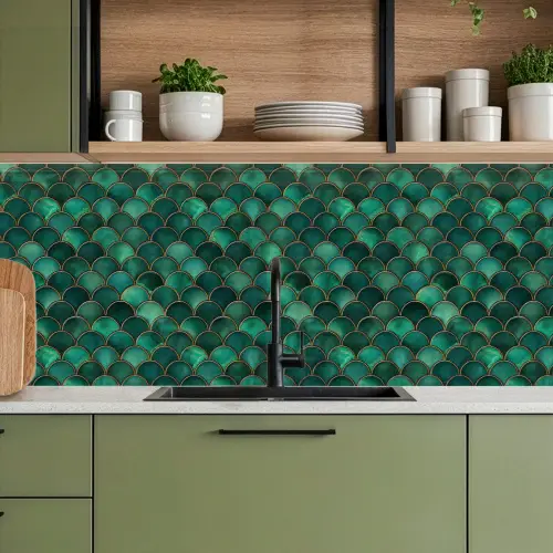 Schubben - Structuur - Diepgroene - Goud keuken achterwand 2 middel 871 -sfeer3