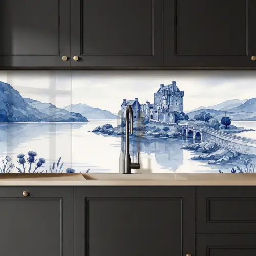 Schots - Kasteel - Blauw - Aquarel keuken achterwand 2 middel -sfeer1