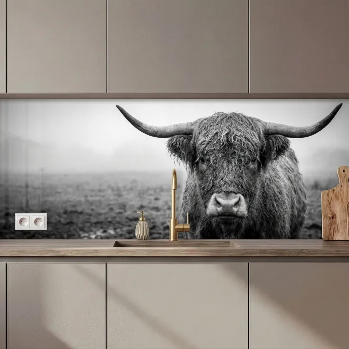 Schotse hooglander - Zwart - Wit - Gras keuken achterwand 2 middel zz_3dshopping