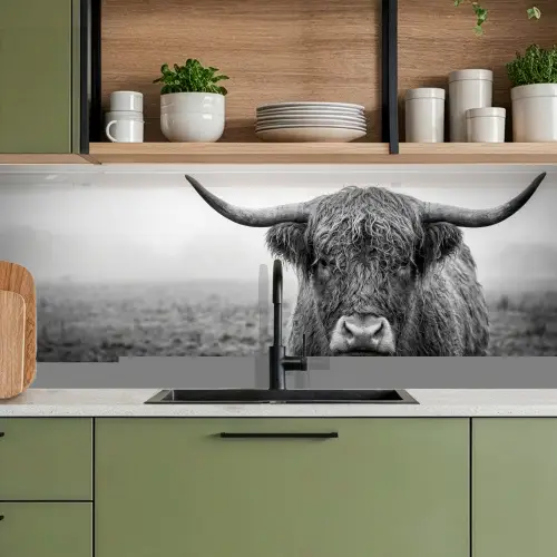 Schotse hooglander - Zwart - Wit - Gras keuken achterwand 2 middel -sfeer3