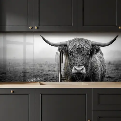 Schotse hooglander - Zwart - Wit - Gras keuken achterwand 2 middel -sfeer1