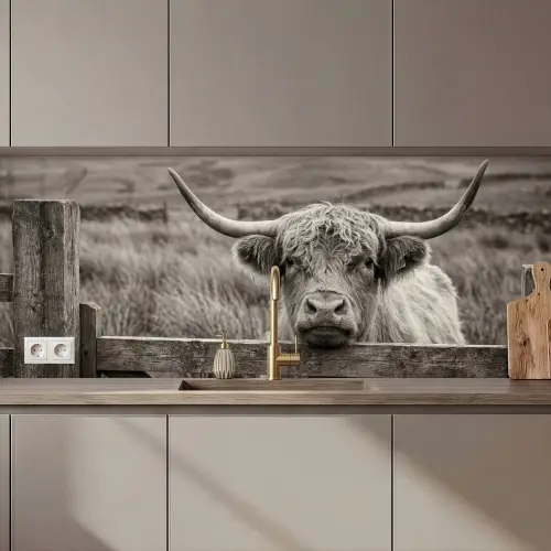 Schotse hooglander - Zwart - Wit - Hout keuken achterwand 2 middel zz_3dshopping