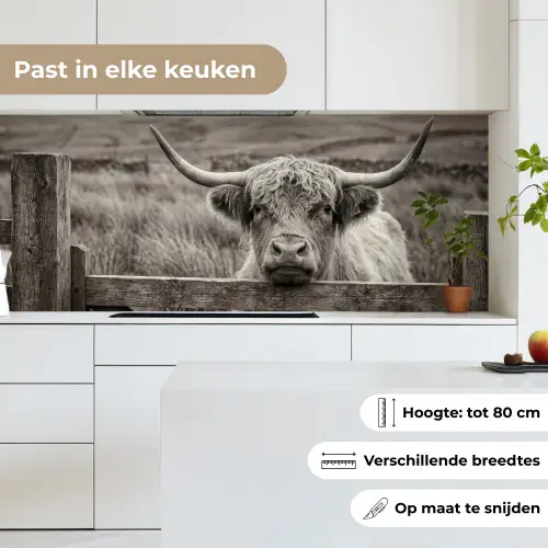 Schotse hooglander - Zwart - Wit - Hout keuken achterwand 2 middel -sfeer4_NL