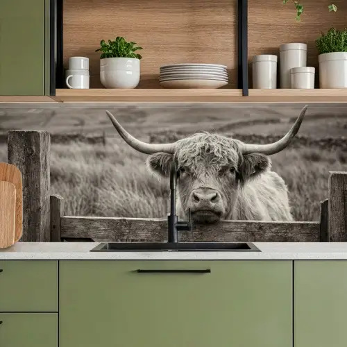 Schotse hooglander - Zwart - Wit - Hout keuken achterwand 2 middel -sfeer3