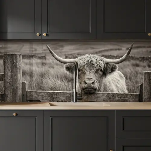 Schotse hooglander - Zwart - Wit - Hout keuken achterwand 2 middel -sfeer1