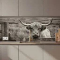 Schotse hooglander - Zwart - Wit - Hout keuken achterwand 2 middel zz_3dshopping