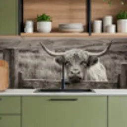 Schotse hooglander - Zwart - Wit - Hout keuken achterwand 2 middel -sfeer3