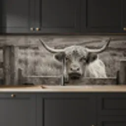 Schotse hooglander - Zwart - Wit - Hout keuken achterwand 2 middel -sfeer1