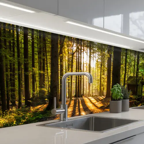 Zon - Bomen - Bos - Landschap - Natuur keuken achterwand 2 groot -3d_schuin