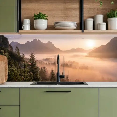 Zonlicht - Mist - Bergen - Bomen keuken achterwand 2 middel -sfeer3