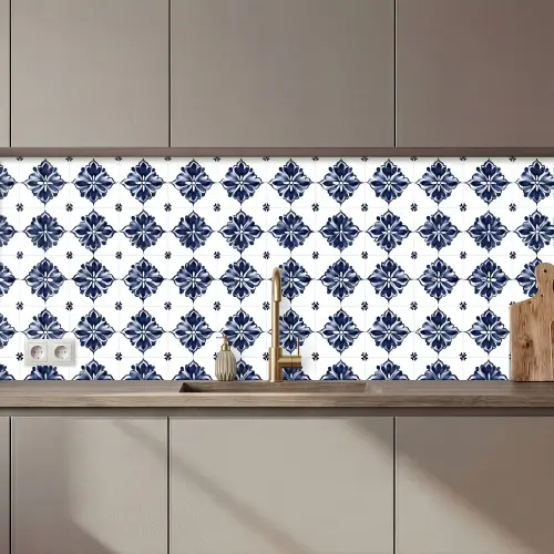 Tegelmotief - Blauw - Wit - Bloem keuken achterwand 2 middel 871 zz_3dshopping