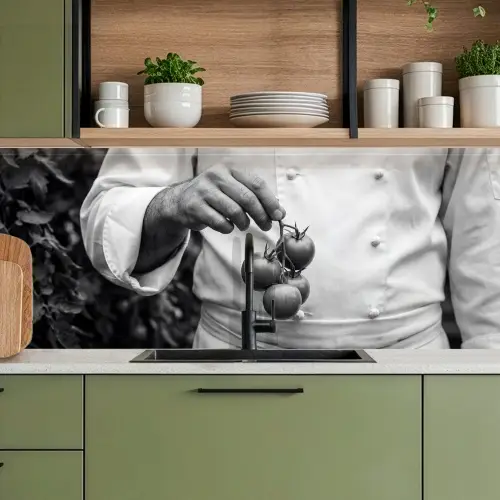 Tomaten - Chef - Zwart - Wit keuken achterwand 2 middel -sfeer3
