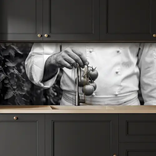 Tomaten - Chef - Zwart - Wit keuken achterwand 2 middel -sfeer1