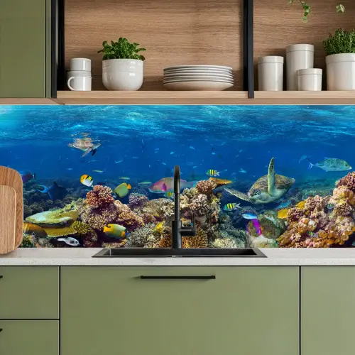 Onderwaterlandschap - Vissen - Schildpad - Blauw keuken achterwand 2 middel -sfeer3