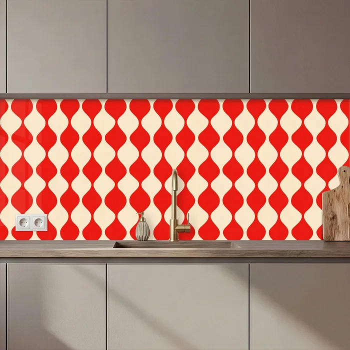 Golvend patroon - Retro - Rood - Beige keuken achterwand 2 middel 871 zz_3dshopping
