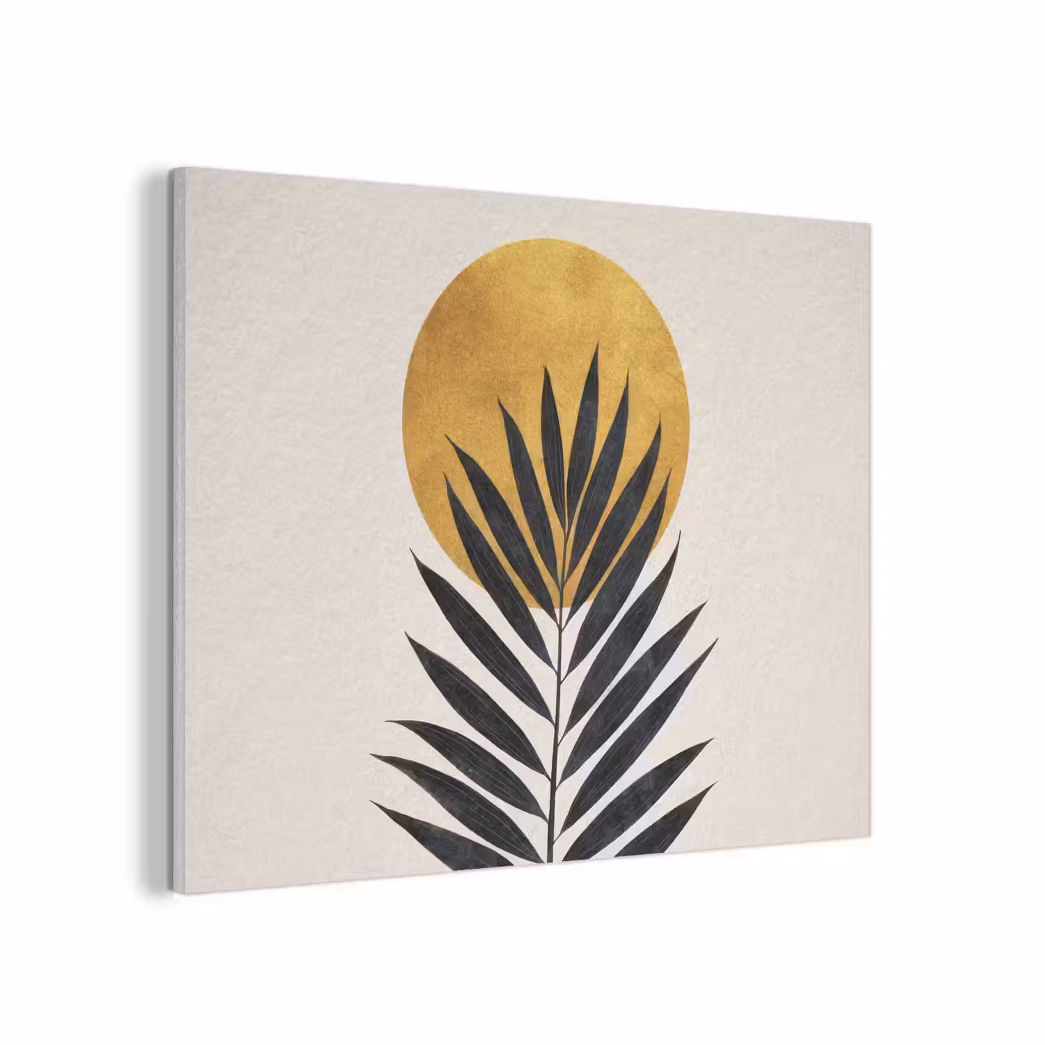 Zwart palmblad - Gouden cirkel - Beige achtergrond PET vilt klein -3d