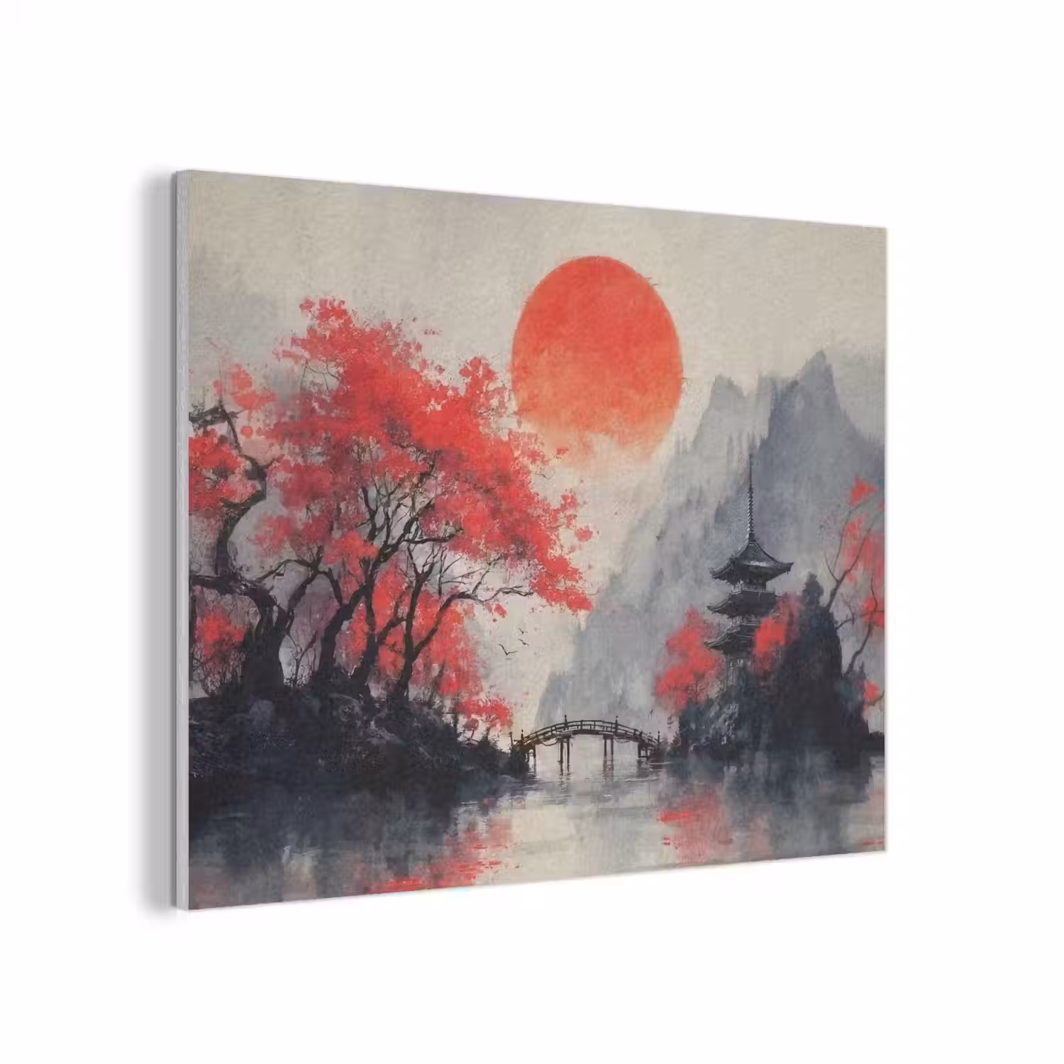 Rode zon - Rivier - brug - Bomen PET vilt klein -3d