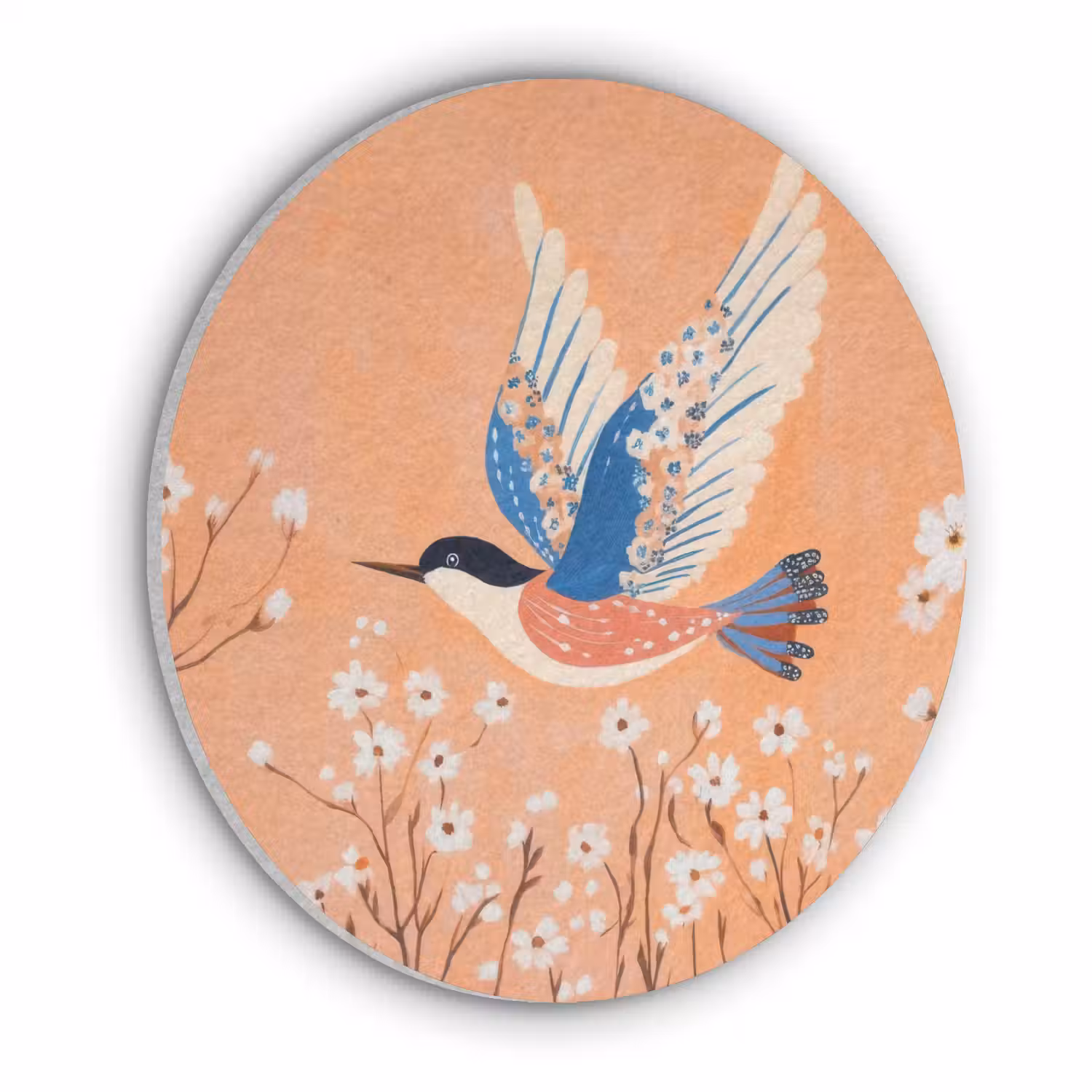 Vogel - Bloesemtakken - Warm - Kleurrijk Akoestische PET Vilt - Rond klein -3d