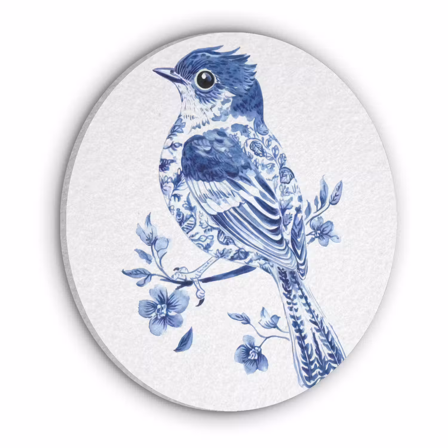 Vogel - Delfts blauw - Illustratie - Bloemen Akoestische PET Vilt - Rond klein -3d
