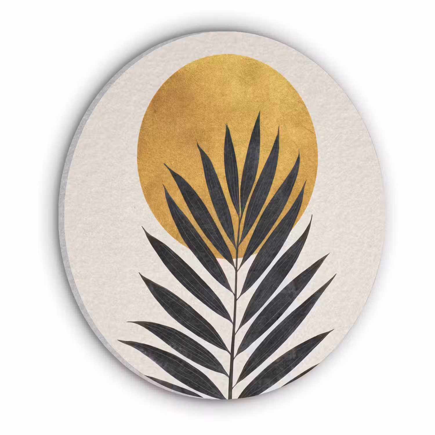 Zwart palmblad - Gouden cirkel - Beige achtergrond Akoestische PET Vilt - Rond klein -3d
