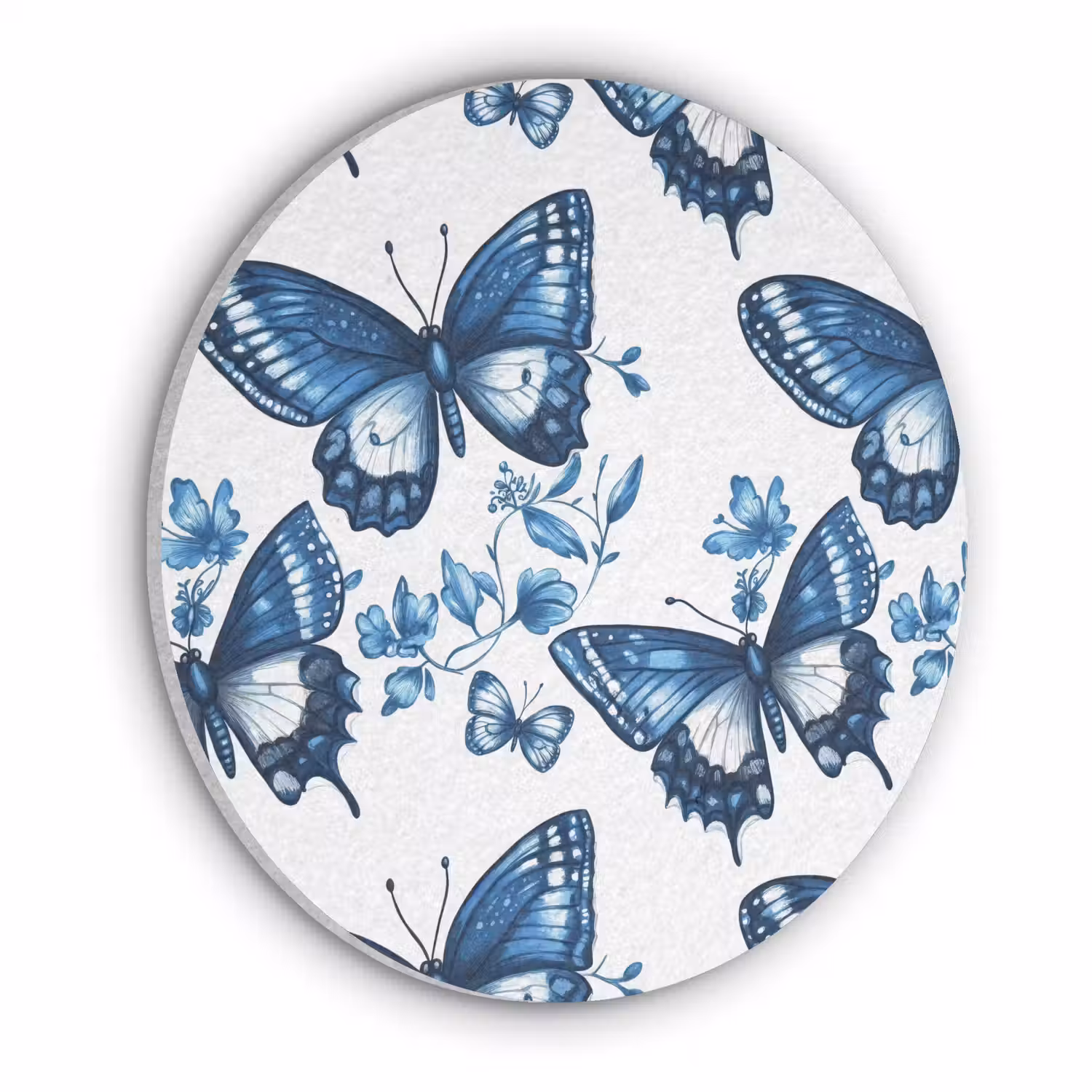 Blauw - Vlinders - Bloemen - Wit Akoestische PET Vilt - Rond klein 838 -3d