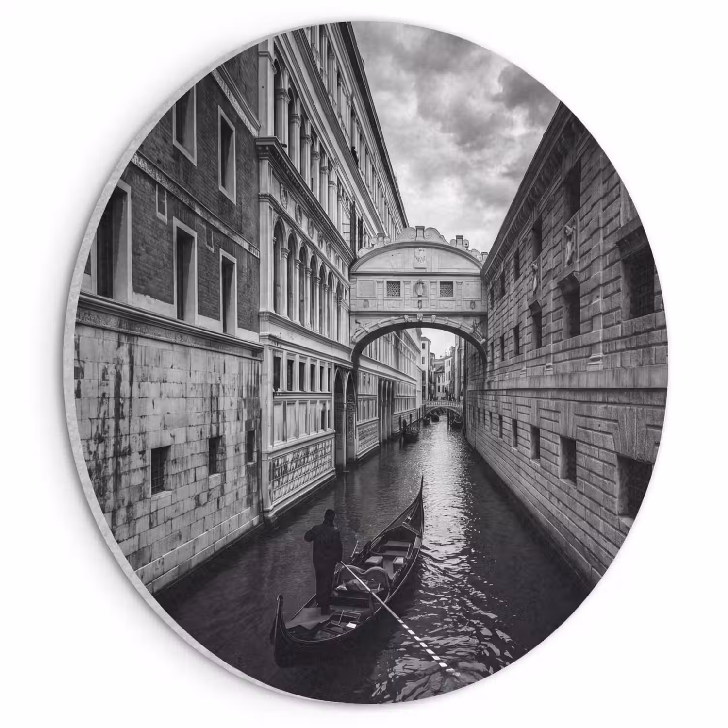 Boot - Waterweg - Stad - Zwart-wit - Architectuur Akoestische PET Vilt - Rond klein -3d