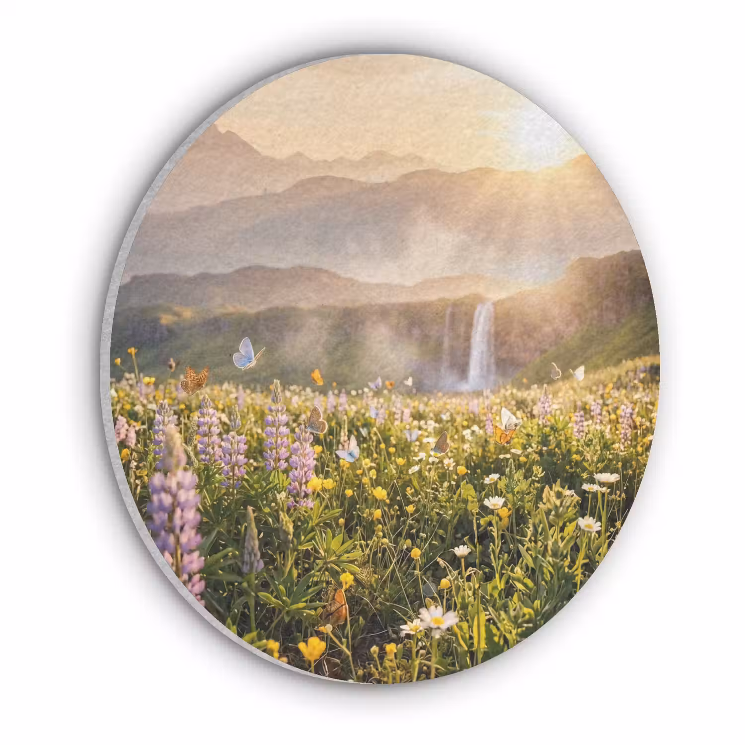 Vlinders - Waterval - Bloemenveld Akoestische PET Vilt - Rond klein -3d