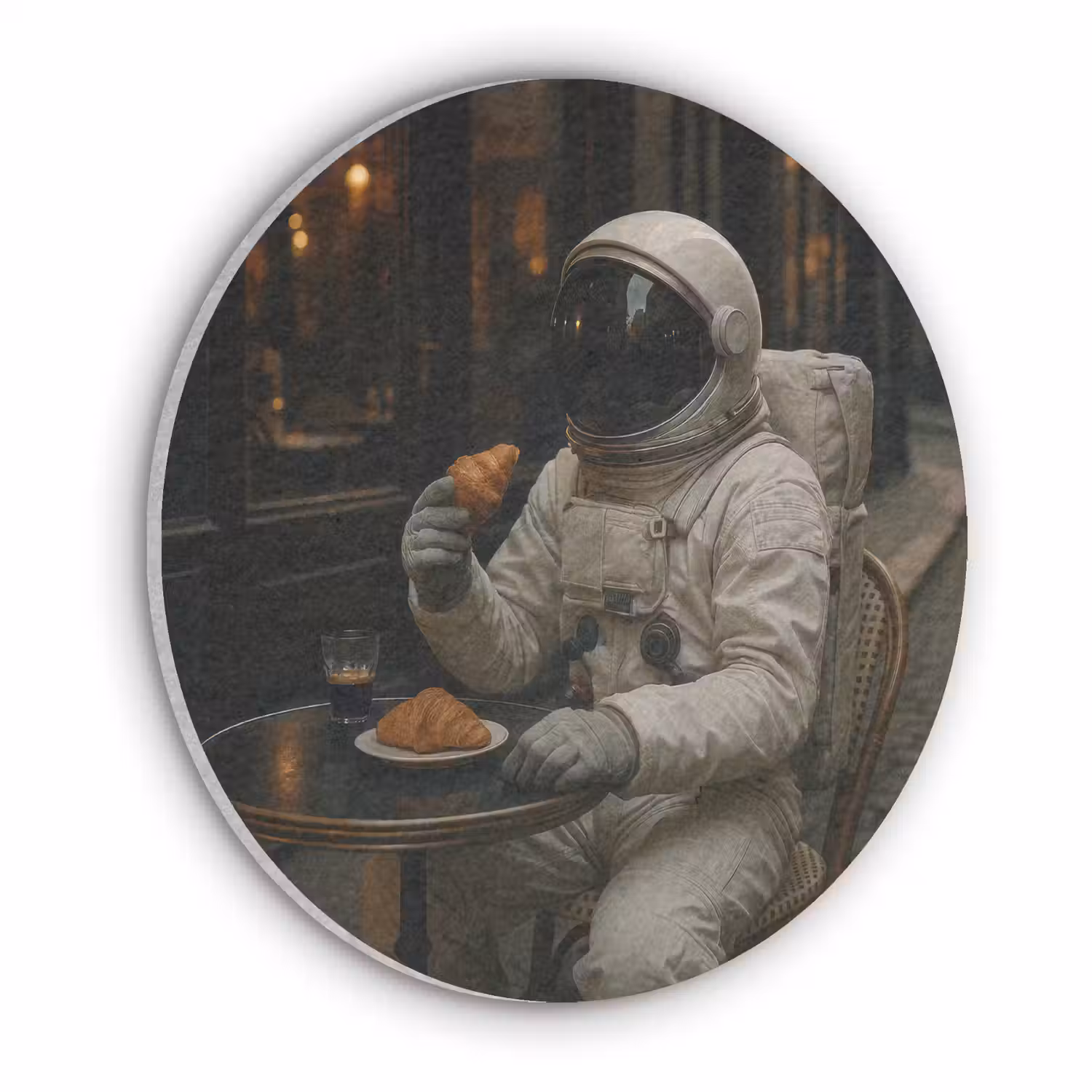 Café - Croissant - Koffie - Astronaut Akoestische PET Vilt - Rond klein -3d