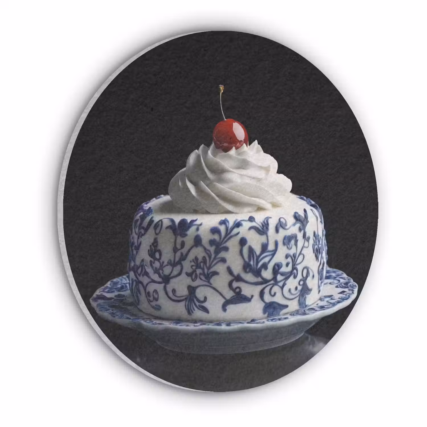 Taart - Slagroom - Kers - Bord - Delfts blauw Akoestische PET Vilt - Rond klein -3d