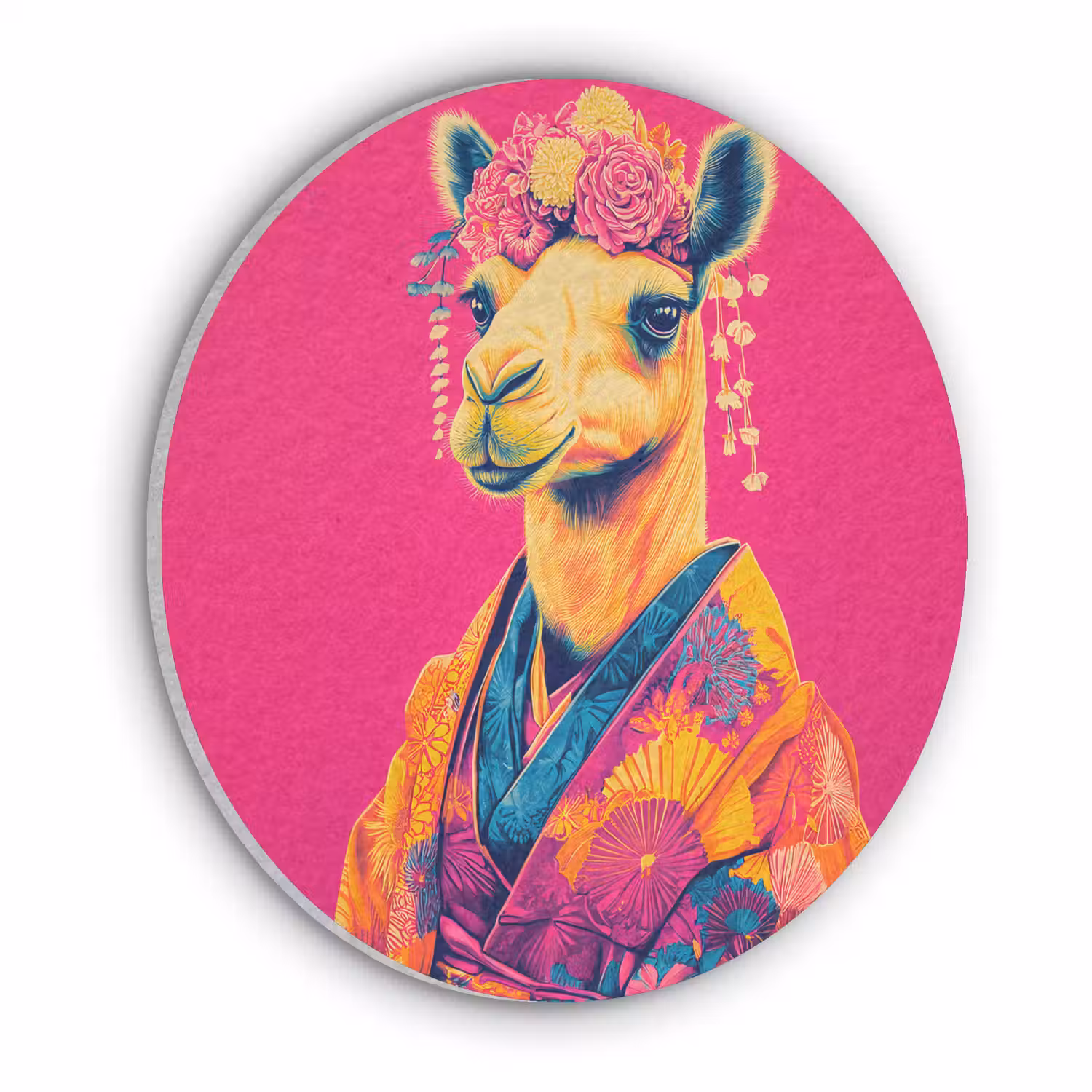 Kameel - Bloemen - Kimono - Waaiers Akoestische PET Vilt - Rond klein -3d