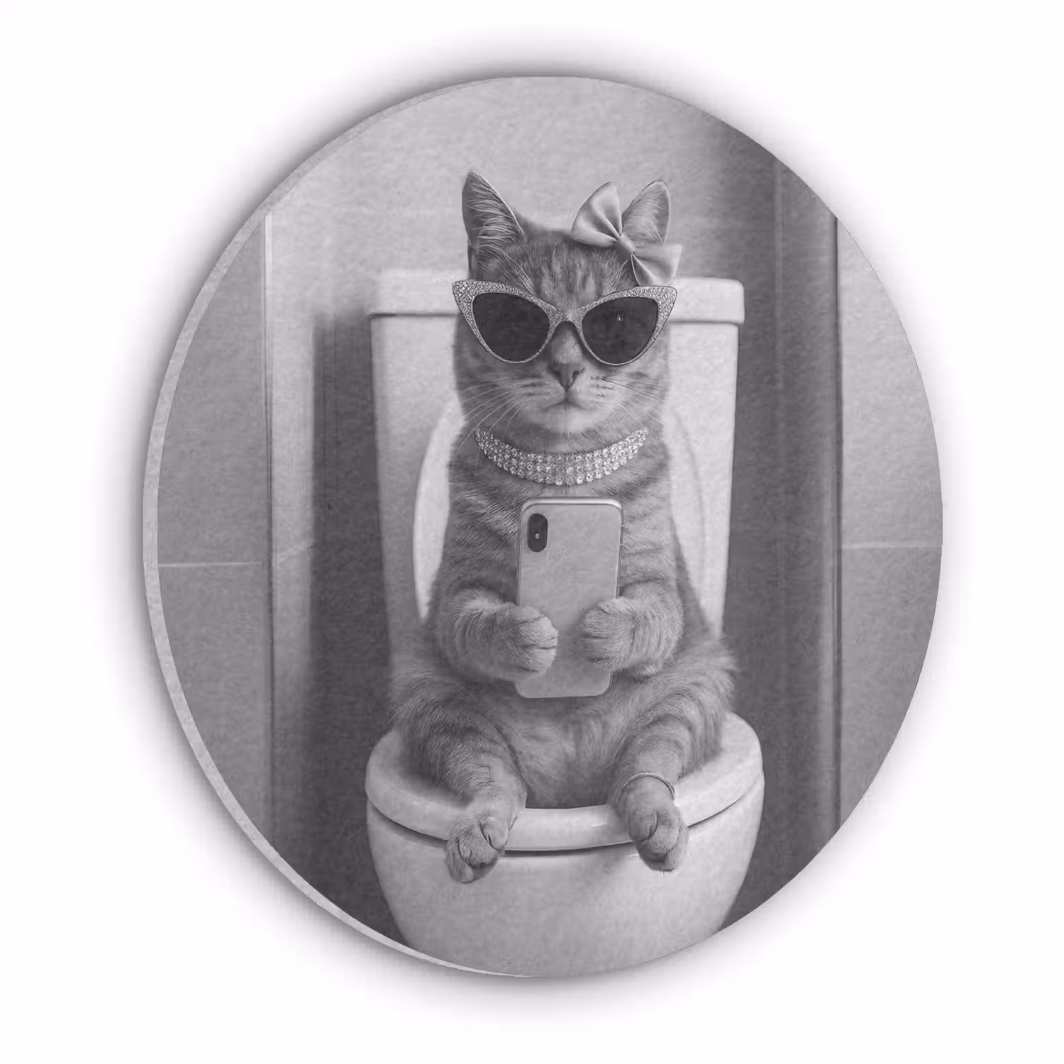 Kat - Telefoon - Toilet - Zwart - Wit Akoestische PET Vilt - Rond klein -3d