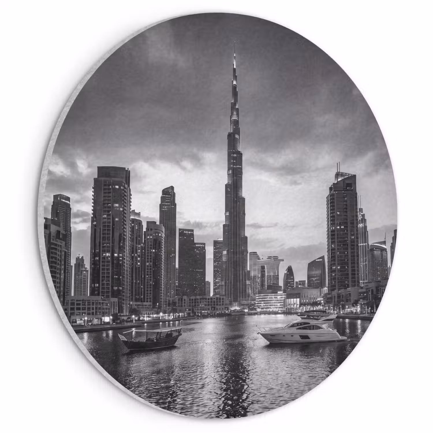 Stad - Skyline - Architectuur - Avond - Zwart-wit Akoestische PET Vilt - Rond klein -3d