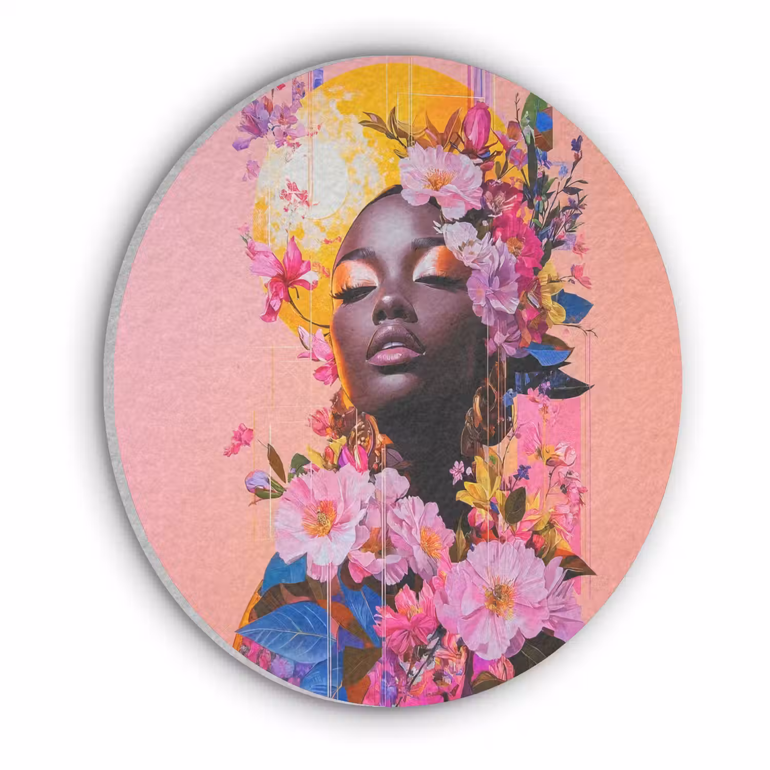 Kleurrijk - Bloemen - Vrouw - Zon Akoestische PET Vilt - Rond klein -3d