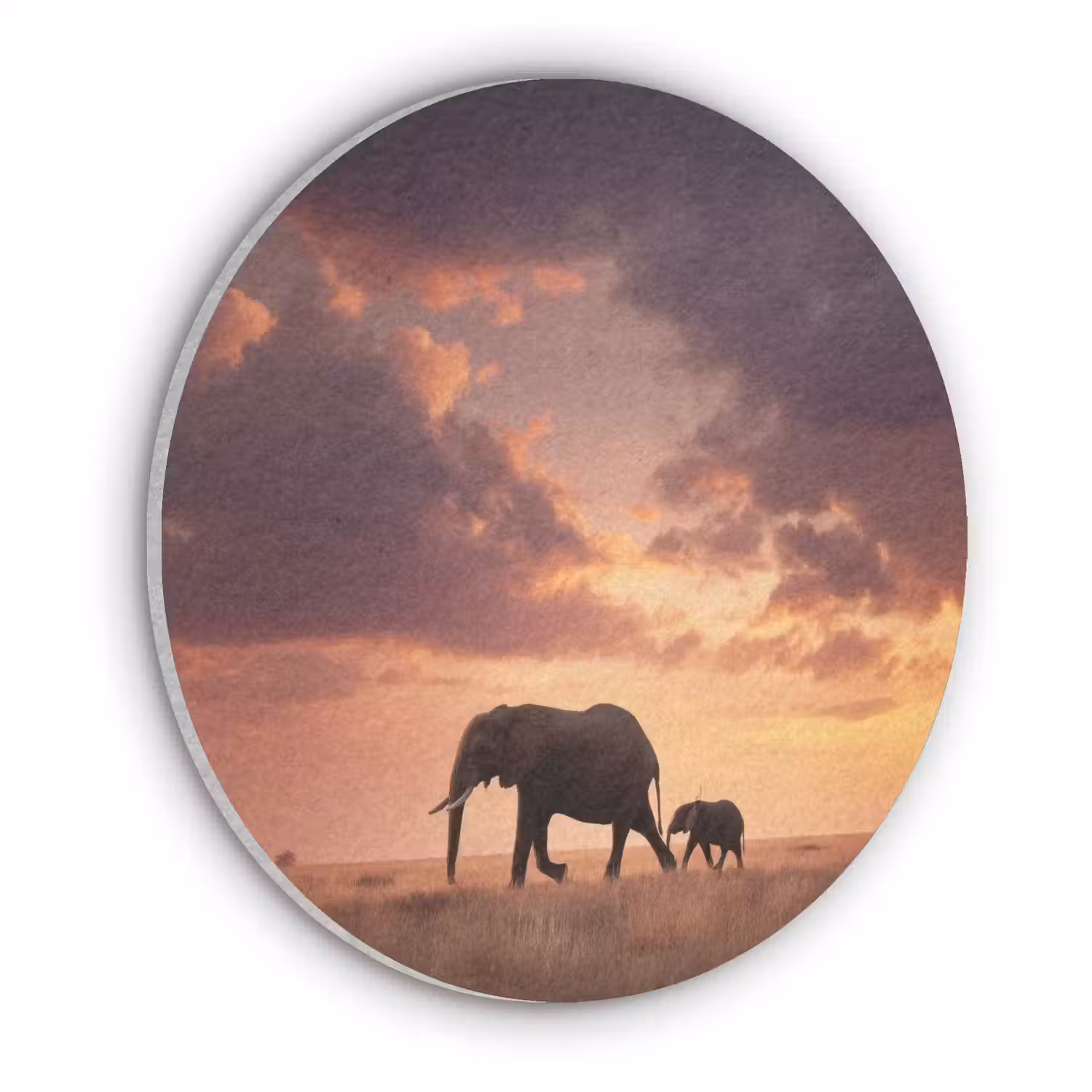 Olifanten - Grasland - Zonsondergang Akoestische PET Vilt - Rond klein -3d