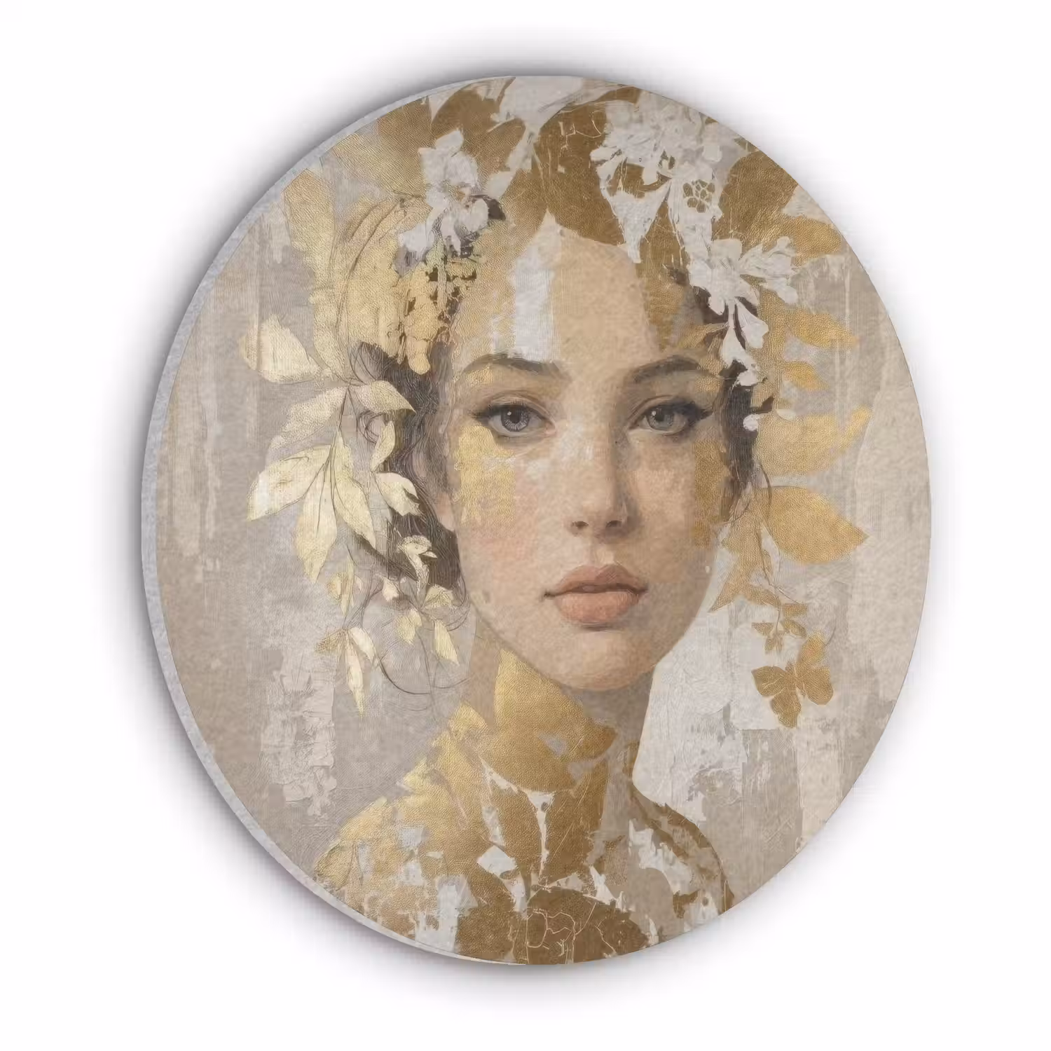 Gezicht - Vrouw - Bladeren - Goud Akoestische PET Vilt - Rond klein -3d