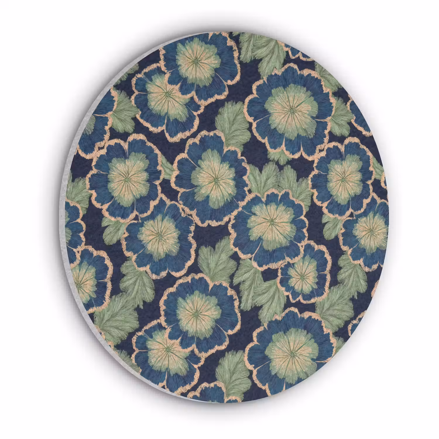 Bloemen - Borduurwerk - Patroon - Blauw - Groen Akoestische PET Vilt - Rond klein 838 -3d