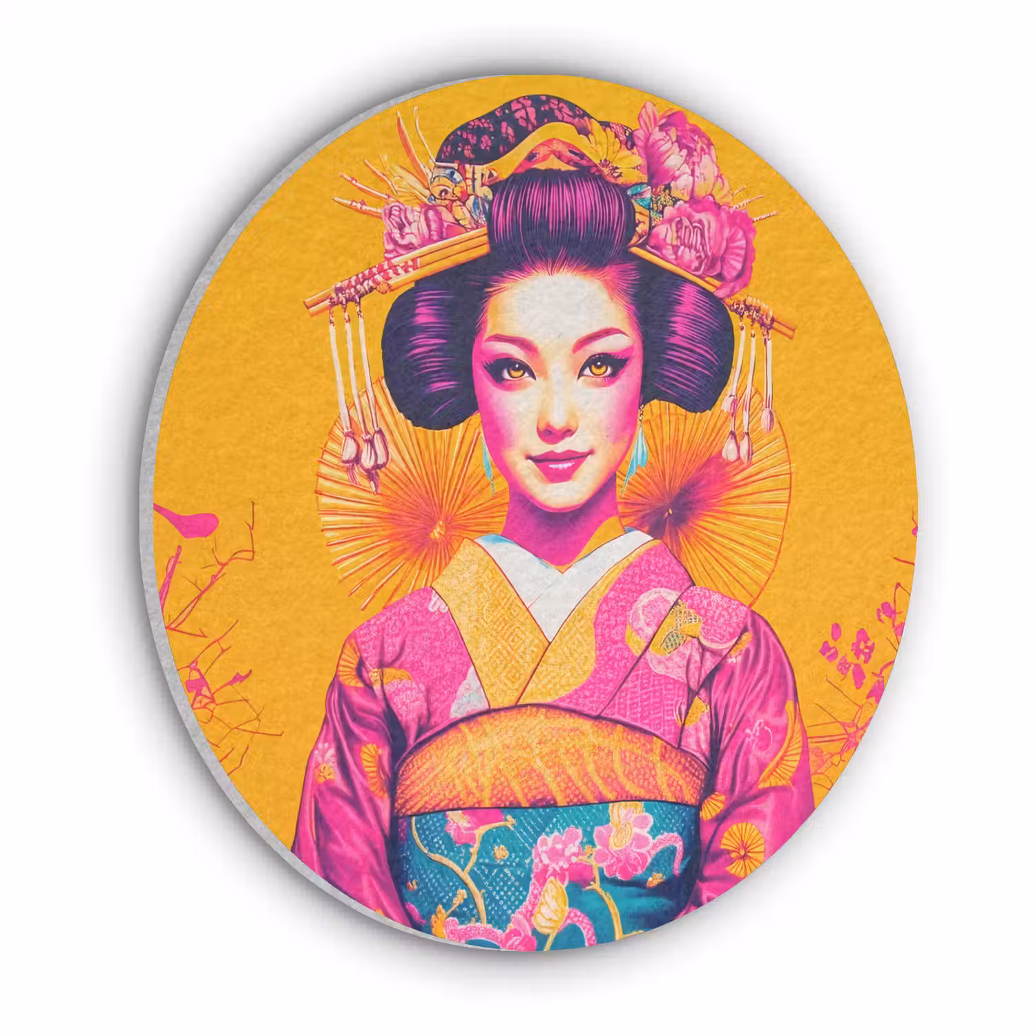 Bloemen - Vrouw - Kimono - Roze Akoestische PET Vilt - Rond klein -3d