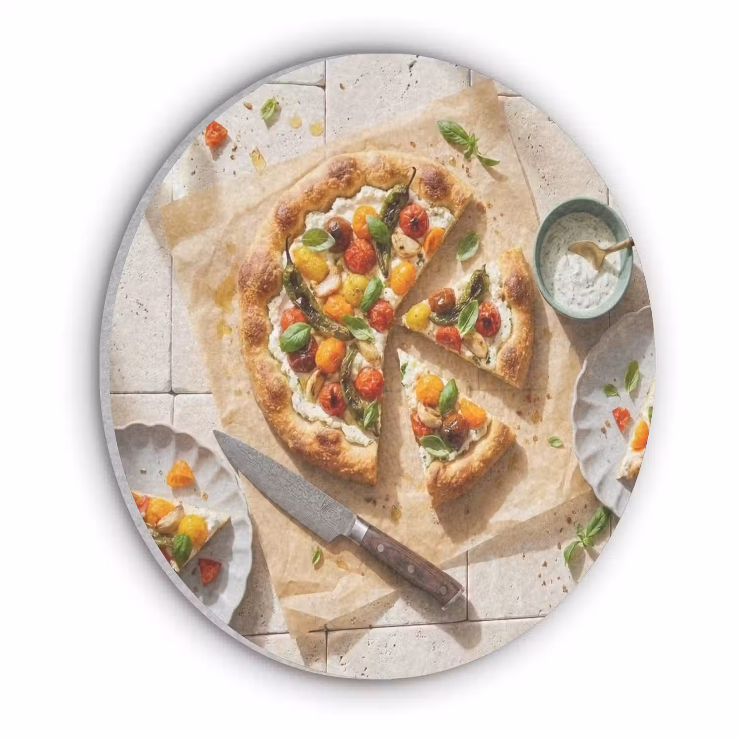 Eten - Tomaten - Basilicum - Maaltijd - Vers Akoestische PET Vilt - Rond klein -3d