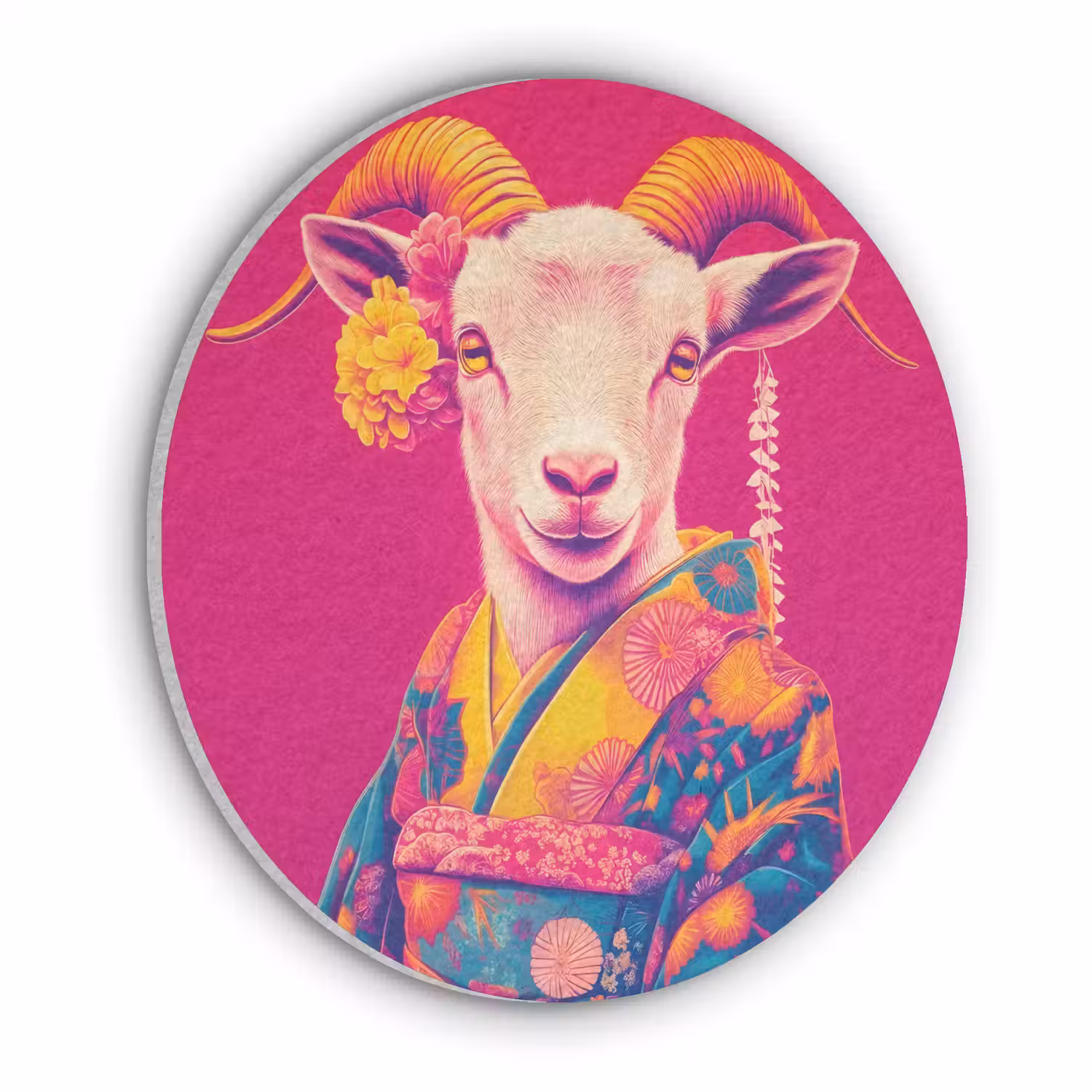 Geit - Hoorns - Kimono - Kleurrijk Akoestische PET Vilt - Rond klein -3d