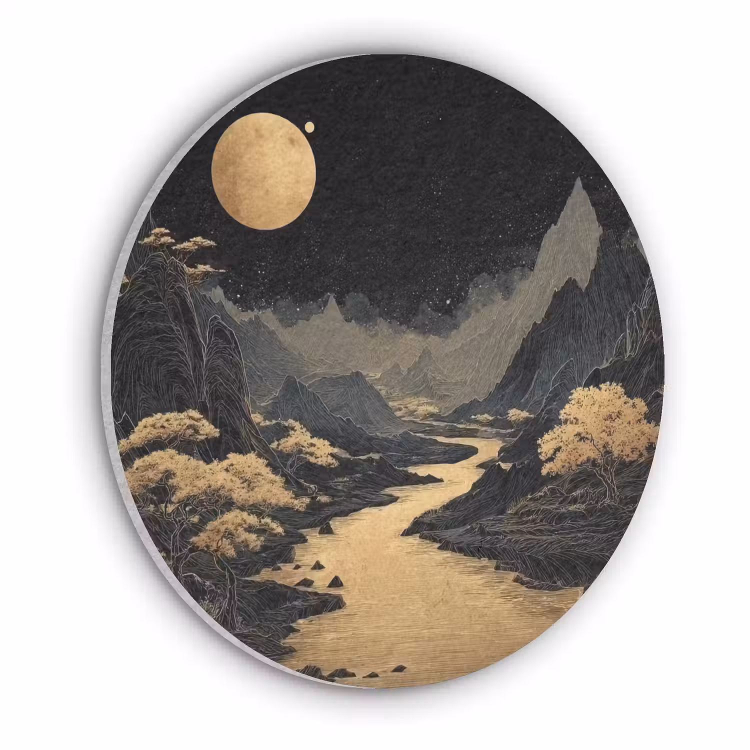 Gouden rivier - Bergen - Maan - Sterrenhemel Akoestische PET Vilt - Rond klein -3d