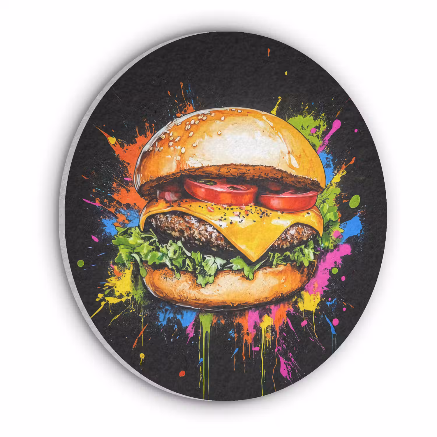 Hamburger - Graffiti - Verf - Kleurrijk - Eten - Abstract Akoestische PET Vilt - Rond klein -3d