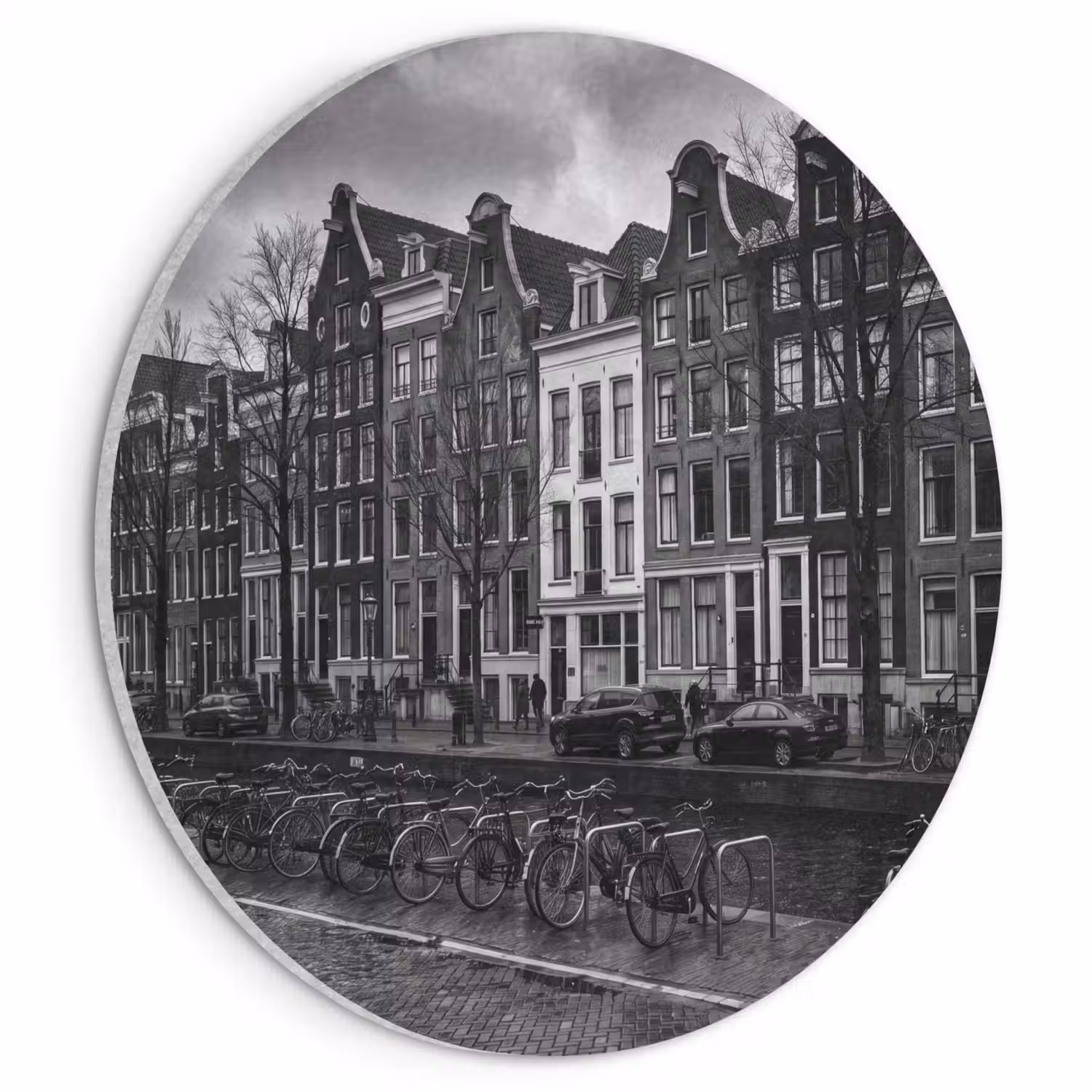 Huis - Gracht - Amsterdam - Architectuur - Zwart-wit Akoestische PET Vilt - Rond klein -3d