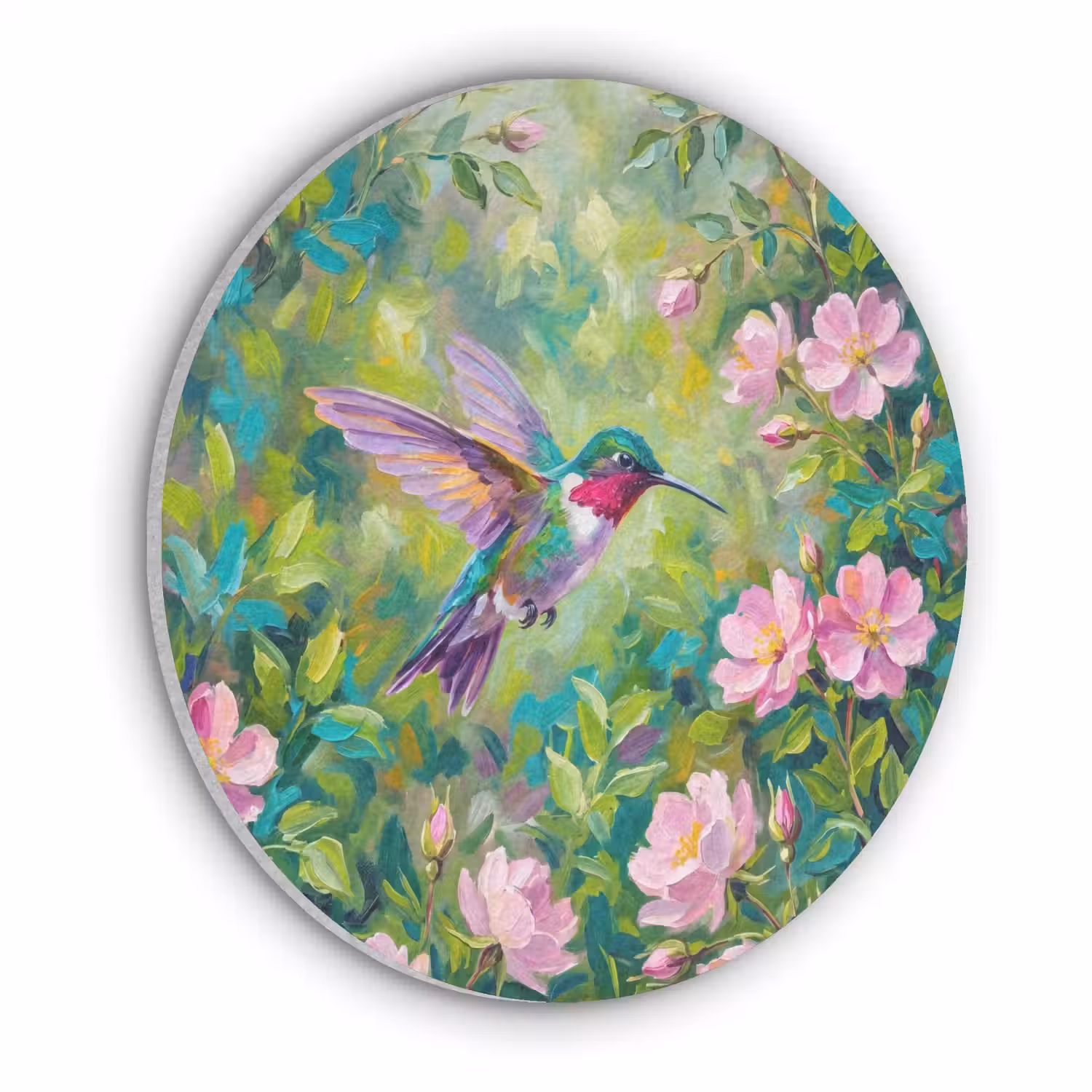 Kolibrie - Bloemen - Natuur - Kleurrijk Akoestische PET Vilt - Rond klein -3d