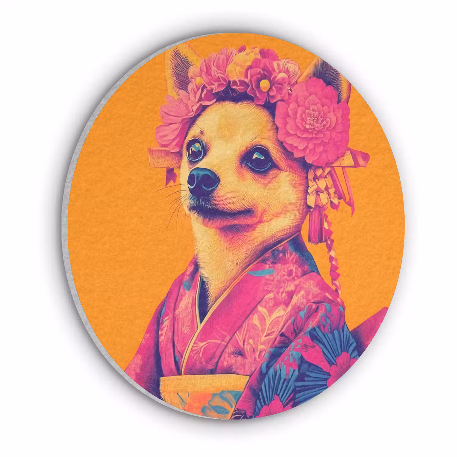 Kimono - Hondje - Bloemenkroon - Oranje Akoestische PET Vilt - Rond klein -3d